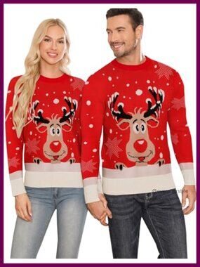 Christmas Sweater Roundneck Reindeer Snowflakes Knitted Pullover